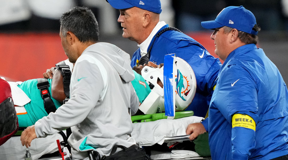 Tua Tagovailoa is taken off the field on a stretcher.